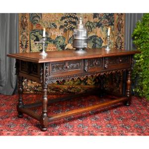 Renaissance Style Console Table In Solid Oak, 17th Century