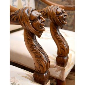 Pair Of Ceremonial Armchairs, Faces With Hoods, Gothic Style, Renaissance, 19th Century