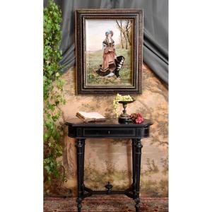 Attributed To Léon Sazerat, Renaissance Woman And Her Dog, Enameled Porcelain Painting
