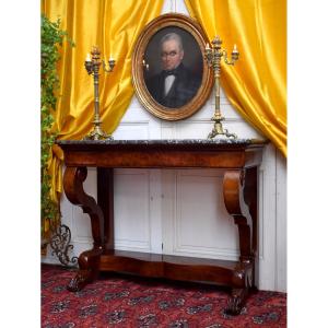 Restoration Period Console Table In Flamed Mahogany, Lion's Paw Base, Circa 1820