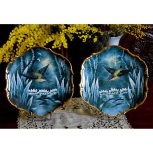 Pair Of Limoges Porcelain Dishes, Hand Painted Decor, Martins Pêcheurs, Atelier Pastaud
