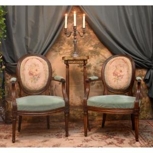 Pair Of Louis XVI Period Armchairs, Aubusson Tapestry  Backs, Cabriolets , XVIIIth