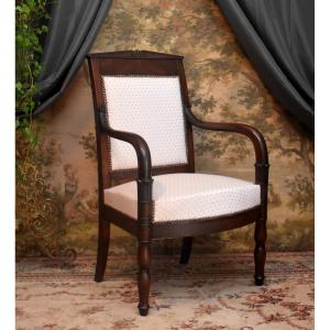 Restauration Period Mahogany Armchair, Fully Reupholstered, Circa 1820