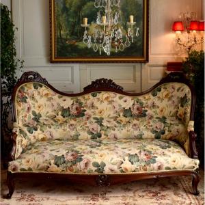 Three Bosses Sofa, Carved Mahogany Bench, Napoleon III, Circa 1850