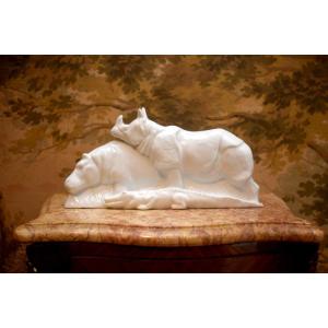 Limoges Porcelain Group, Night Light With African Animals, Art Deco Style, Mid-20th Century