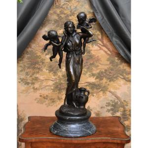 Bronze Group, Young Woman And Putti, Water Carrier And Angels, Angel Whisper, 20th Century