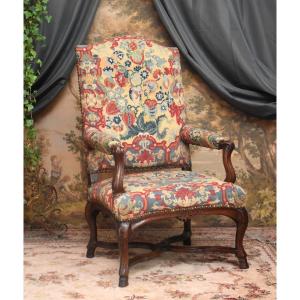 Regency High-backed Walnut Armchair, 18th Century, Tapestry With Petits Points