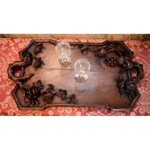 Carved Wooden Serving Tray With Animal And Plant Decor, Asia, Circa 1900