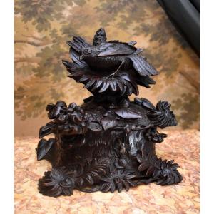 Carved Wooden Jewelry Box, Black Forest, Bird And Plants, Box, 19th Century