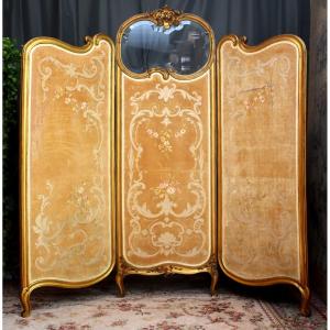 Large Louis XV Style Gilded Wood Screen, Napoleon III Period, Embroidered Velvet Fabric, 19th Century
