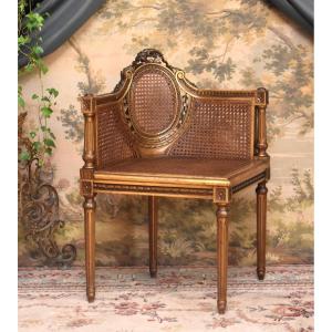 Louis XVI Style Giltwood Corner Armchair, Caned Seat, 19th Century