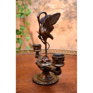Bronze Candlestick, Heron Perched On A Turtle And Encircling A Snake, Two Lights, 19th Century
