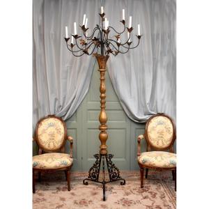 Large Chapel Candelabra In Gilded Wood, Brass And Cast Iron, Chandelier, 19th Century