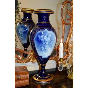 Large Vase In Shades Of Blue, Signed Marcadet, Limoges Porcelain, Hand-painted Rose Decoration