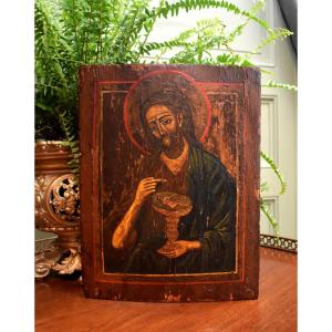 Russian Icon, Saint John The Baptist, Tempera On Wood, 19th Century