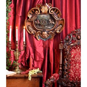 Large Baroque Wood Paneling, Gilded And Polychrome Wood Pediment, Overdoor, Early 19th Century