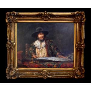 Hlf Duluard (1871-1953) "the Writer", Gentleman At His Writing Table, Oil On Panel