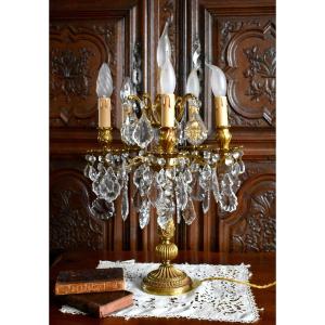  Louis XV Style Girandole In Gilt Bronze With Crystal Drops, Six Lights, Mid-20th Century