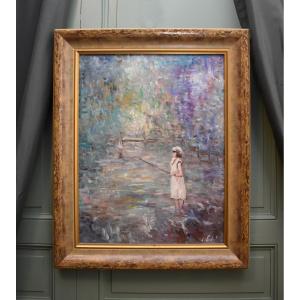 Impressionist School, Little Girls Fishing, Seaside, Oil On Canvas, First Half Of The 20th Century
