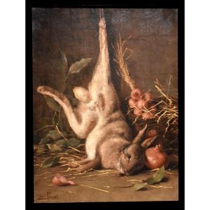Antoine Perret (1843-1889), Still Life With Hare And Liliaceae, Oil On Canvas, 19th Century