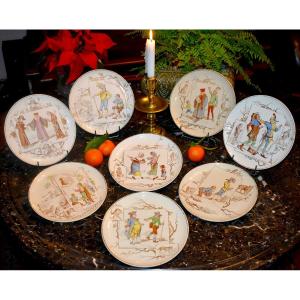Dessert Service, Eight Earthenware Plates With La Fontaine's Fables By Creil And Montereau