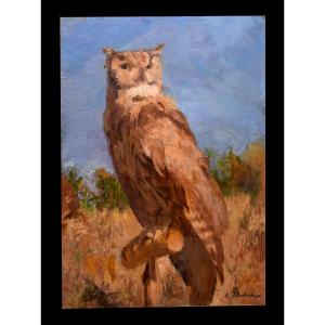 Alfred Andrieux (1879-1945), Eagle Owl, Oil On Canvas, Ornithology Theme, Early 20th Century