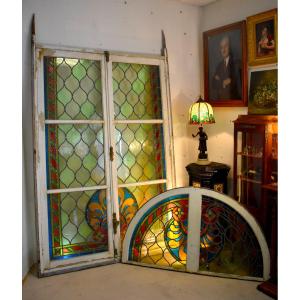  Stained Glass Window, 3.14m High, Large Stained Glass French Door With Transom, Stained Glass Windows, Circa 1900