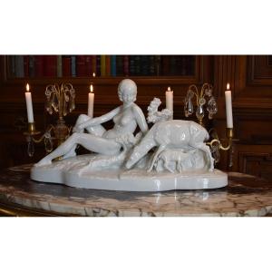 Bohumil Rezl (1899-1963), Large Group In White Porcelain, Art Deco Sculpture, Female Nude