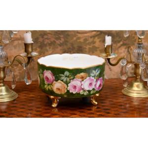 Limoges Porcelain Bowl, Hand-painted Rose Decoration, Centerpiece, Cachepot, 20th Century