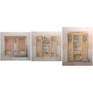Set Of Three Watercolor Drawings, Furniture Design, Cabinetmaking, Early 20th Century