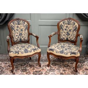 Pair Of Louis XV Period Armchairs, Petit Point Tapestry, Cabriolet Style, Mid-18th Century