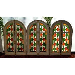 Set Of Three Windows, Stained Glass With Frames And Door Frames, Mid-20th Century