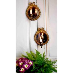 Pair Of Louis XVI Style Gilt Bronze Applique Candlesticks, Mirrors, Mid 20th C.