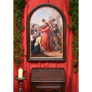 Christ's Ascent To Calvary, Stations Of The Cross, Framed Oil On Canvas, 19th Century