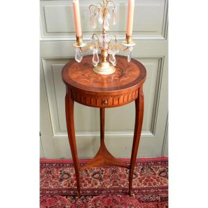 Sellette Inlaid In The Louis XV- Louis XVI Transition Style, Small Pedestal Table, Marquetry, 19th Century