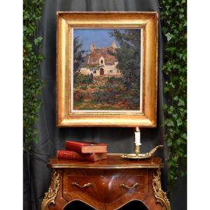 Charles Louis Signoret ( 1867- 1932) , Chaumière Et Jardin Animé, Framed Oil On Canvas