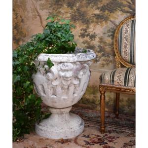 Large Reconstituted Stone Garden Vase, Grotesque Décor, Planter, 20th Century