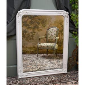 Louis XV Style Mirror / White Lacquered Rocaille, Mantelpiece Mirror, 19th Century