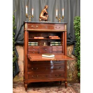 Louis XVI Period Secretary, Early Directoire, 18th Century, Speckled Mahogany, Cloverleaf Locks