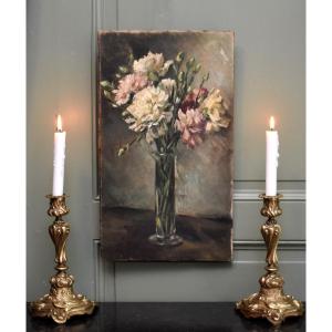 Bouquet d' œillets, Oil On Canvas , Vase Of Carnations On Entablature