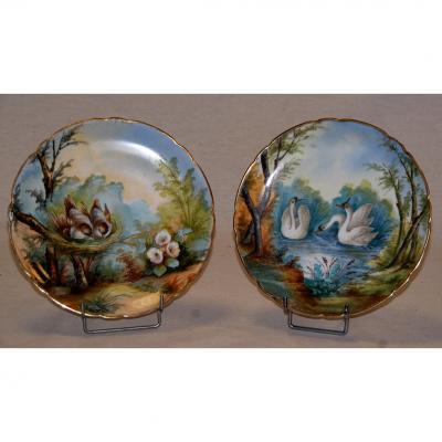 Pair Of Plates With Birds, Limoges Porcelain, Hand Painted Decor, XIX Eme, Pouyat