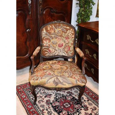 Armchair Louis XV Queen, Tapestry Au Petit Point, Epoque Eighteenth