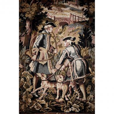Pair Of Large Doors, Aubusson Tapestry, Theme Hunting, Height 2m88