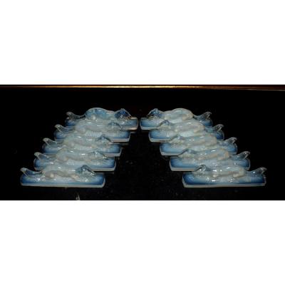 Suite Of 10 Door Knives Art Deco Squirrels, Opalescent Glass