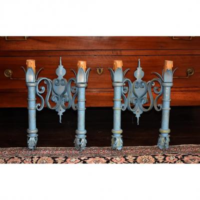Pair Of Wrought Iron Sconces, Renaissance Neo Style