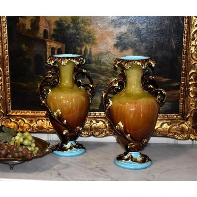 Pair Of Vases, Baluster Shape, Polychrome Earthenware, Circa 1900