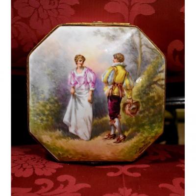 Large Limoges Porcelain Jewelry Box, Hand Painted Decor, Gallant Scene, Signed Dubois