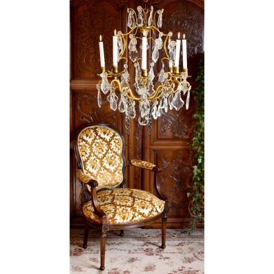 Large Cage Chandelier With Tassels, Lighting Eight Lights, For Candle Lighting, Bronze And Crystal