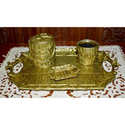 Art Nouveau Smoking Kit In Gilt Bronze, Insect And Plant Decor, Around 1900