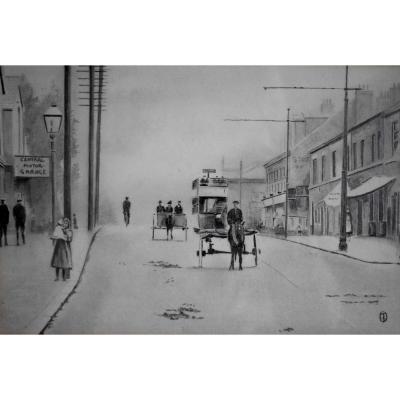 Double Decker Bus And Carriage, Lead Mine Drawing, England, Street Scene, 1920s